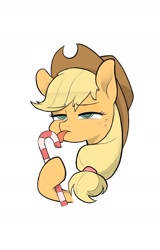 Size: 1536x2393 | Tagged: safe, artist:noupu, applejack, earth pony, pony, g4, bust, candy, candy cane, female, food, licking, mare, narrowed eyes, simple background, solo, tongue out, white background