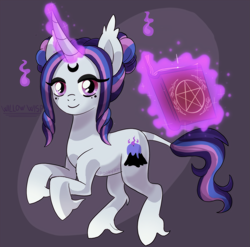 Size: 2455x2425 | Tagged: safe, artist:spookyle, oc, oc only, oc:willow wisp, classical unicorn, unicorn, book, cloven hooves, horn, leonine tail, pentagram, solo, spellbook, tail, unicorn oc, unshorn fetlocks, will'o light, witch