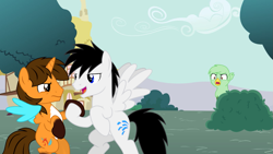 Size: 1191x671 | Tagged: safe, artist:punkieprimeape1, oc, oc:ej, oc:gregory griffin, oc:shane park, alicorn, griffon, pegasus, g4, alicorn oc, gay, griffon oc, horn, male, pegasus oc, wings