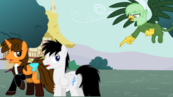 Size: 1024x576 | Tagged: safe, artist:punkieprimeape1, oc, oc:ej, oc:gregory griffin, oc:shane park, alicorn, griffon, pegasus, g4, alicorn oc, gay, griffon oc, horn, male, pegasus oc, wings