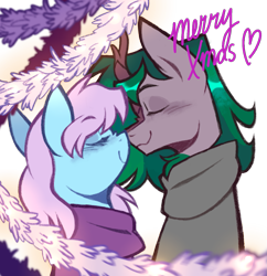 Size: 1203x1243 | Tagged: safe, artist:cowboypony, oc, oc only, kirin, pegasus, christmas, clothes, duo, duo male and female, female, hearth's warming, holiday, kirin oc, male, mare, nuzzling, pegasus oc, scarf, simple background, stallion, straight, tinsel, transparent background