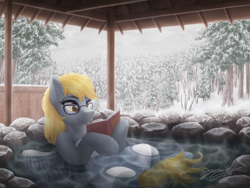 Size: 3200x2400 | Tagged: safe, artist:novaintellus, derpy hooves, pegasus, pony, g4, book, forest, glasses, nature, onsen, reading, snow, solo, tree, winter