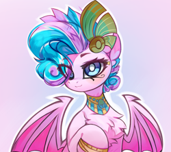 Size: 3786x3365 | Tagged: safe, artist:jfrxd, oc, oc only, oc:sweetie swirl, bat pony, bat pony oc, blushing, chest fluff, egyptian, egyptian headdress, eye of horus, eyelashes, femboy, hair over one eye, half body, jewelry, looking at you, male, multicolored hair, simple background, smiling, solo