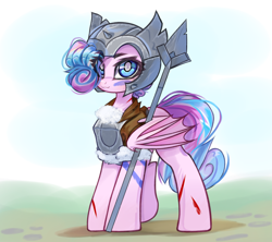 Size: 3786x3365 | Tagged: safe, artist:jfrxd, oc, oc only, oc:sweetie swirl, bat pony, armor, bat pony oc, blood, blue eyes, body markings, clothes, eyelashes, femboy, hair over one eye, helmet, horned helmet, looking at you, male, multicolored hair, outdoors, smiling, smiling at you, spear, viking helmet, weapon