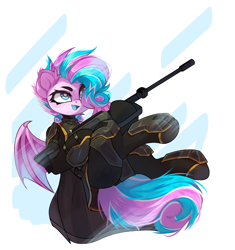 Size: 3941x4201 | Tagged: safe, artist:jfrxd, oc, oc only, oc:sweetie swirl, bat pony, armor, bat pony oc, blue tongue, cape, clothes, dynamic pose, ear fluff, eyelashes, femboy, flying, gun, hair over one eye, helldivers 2, male, multicolored hair, simple background, smiling, solo, weapon