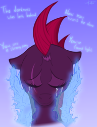 Size: 2300x3000 | Tagged: safe, artist:anix_space, fizzlepop berrytwist, tempest shadow, pony, unicorn, g4, blushing, broken horn, bust, crying, fire, floppy ears, gradient background, hand on face, horn, magic, portrait, smiling, tears of joy, text