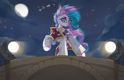 Size: 4055x2621 | Tagged: safe, artist:jfrxd, oc, oc only, oc:sweetie swirl, bat pony, bat pony oc, clothes, cloud, ear fluff, eyelashes, looking at you, moon, night, solo, stage, stage light, starry night, uniform