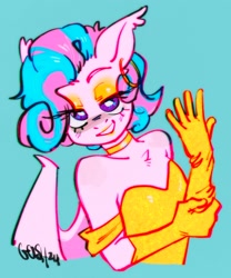 Size: 1707x2048 | Tagged: safe, artist:goshhhh, oc, oc only, oc:sweetie swirl, bat pony, anthro, bat pony oc, blue background, chest fluff, clothes, collar, dress, ear fluff, eyelashes, eyeshadow, femboy, gloves, hair over one eye, long gloves, looking at you, makeup, male, multicolored hair, simple background, smiling, smiling at you