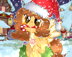 Size: 1365x1080 | Tagged: safe, artist:doraeartdreams-aspy, oc, oc only, oc:aspen, pegasus, g4, candy, candy cane, christmas, female, food, hat, holiday, jewelry, necklace, peace sign, pegasus oc, santa hat