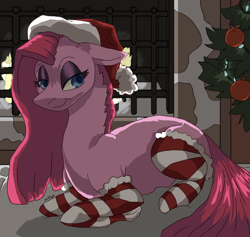 Size: 1224x1159 | Tagged: safe, artist:lawkbutt, pinkie pie, earth pony, pony, g4, christmas, christmas lights, christmas tree, clothes, female, hat, holiday, looking at you, lying down, mare, pinkamena diane pie, ponyloaf, prone, santa hat, socks, solo, striped socks, tree