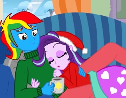 Size: 1015x788 | Tagged: safe, artist:amethystmajesty25, starlight glimmer, oc, oc:shield wing, equestria girls, g4, canon x oc, chocolate, christmas, clothes, female, food, hat, holiday, hot chocolate, male, santa hat, shipping, sleeping, sweater