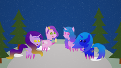 Size: 1920x1080 | Tagged: safe, artist:carrotorangelight, izzy moonbow, pipp petals, oc, oc:dream star, oc:galaxy asteri, pony, g5, pointy ponies, stargazing