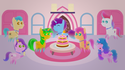 Size: 1920x1080 | Tagged: safe, hitch trailblazer, izzy moonbow, misty brightdawn, pipp petals, sunny starscout, zipp storm, oc, oc:orangelight amber, earth pony, pegasus, pony, unicorn, g5, birthday, birthday cake, cake, candle, food, horn, mane five, mane six (g5), pointy ponies, rebirth misty