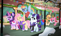 Size: 6628x4000 | Tagged: safe, artist:lovinglypromise, applejack, fluttershy, pinkie pie, rainbow dash, rarity, twilight sparkle, alicorn, pony, g4, absurd file size, alternate design, christmas, christmas lights, clothes, hearth's warming, holiday, magic, mane six, scarf, scroll, snow, sweater, twilight sparkle (alicorn)