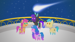 Size: 1920x1080 | Tagged: safe, artist:carrotorangelight, hitch trailblazer, izzy moonbow, sunny starscout, oc, oc:aurora star, g5, balcony, comet, crystal brighthouse