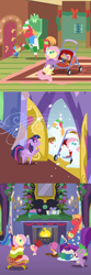 Size: 2160x6480 | Tagged: safe, anonymous artist, big macintosh, fluttershy, spike, twilight sparkle, oc, oc:apple sorbet, oc:late riser, oc:pink lemonade, alicorn, dragon, earth pony, pegasus, pony, series:fm holidays, series:hearth's warming advent calendar 2024, g4, advent calendar, alternate hairstyle, armchair, baby, baby pony, blanket, cap, chair, chocolate, christmas, clothes, colt, dilated pupils, earmuffs, family, father and child, father and son, female, fire, fireplace, floppy ears, fluttermom, fluttershy's cottage, foal, food, frown, hat, high res, holiday, hot chocolate, hug, indoors, licking, licking lips, lineless, male, mare, mug, offspring, pacifier, parent:big macintosh, parent:fluttershy, parents:fluttermac, pointy ponies, scarf, ship:fluttermac, shipping, short mane, silly, sitting, smiling, snow, snowfall, snowpony, snowsuit, stallion, straight, stroller, sweater, toddler, tongue out, twilight sparkle (alicorn), twilight's castle, wingless spike, winter, winter outfit