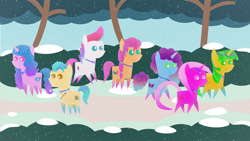 Size: 1920x1080 | Tagged: safe, artist:carrotorangelight, hitch trailblazer, izzy moonbow, misty brightdawn, pipp petals, sunny starscout, zipp storm, oc, oc:orangelight amber, oc:star rhythm, pony, g5, forest, mane five, mane six (g5), nature, pointy ponies, snow, tree, walking