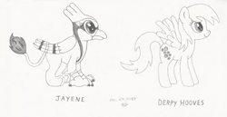 Size: 1905x984 | Tagged: safe, artist:coelacanth0794, derpy hooves, oc, oc:jayene, griffon, pony, g4, monochrome, traditional art