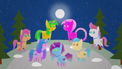 Size: 1920x1080 | Tagged: safe, artist:carrotorangelight, hitch trailblazer, izzy moonbow, misty brightdawn, pipp petals, sunny starscout, zipp storm, oc, oc:orangelight amber, oc:star rhythm, pony, g5, mane five, mane six (g5), moon, night, pointy ponies, snow, stars