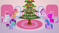 Size: 828x465 | Tagged: safe, artist:carrotorangelight, izzy moonbow, misty brightdawn, pipp petals, sunny starscout, zipp storm, oc, oc:star rhythm, g5, christmas, christmas lights, christmas tree, holiday, ornaments, rebirth misty, tree