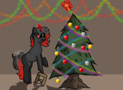 Size: 1440x1054 | Tagged: safe, artist:thomas.senko, oc, oc only, oc:shade starlight, pony, unicorn, 2024, ^^, black hair, catchlights, chair, christmas, christmas 2024, christmas ball, christmas lights, christmas star, christmas tree, commission, commissioner:shade starlight, dark skin, digital art, ears up, eyes closed, eyes open, focus, focused, garland, holiday, hooves, horn, indoors, looking up, male, male oc, mane, nervous, nervous sweat, no eyelashes, older male, pony oc, quadrupedal, raised hoof, red eyes, red hair, red horn, silly, silly pony, simple background, simple shading, small chair, solo, tongue out, tree, unicorn oc