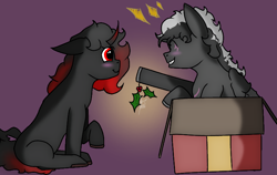 Size: 1440x910 | Tagged: safe, artist:thomas.senko, oc, oc:monolith_skyline, oc:shade starlight, pegasus, pony, unicorn, 2024, ^^, black hair, christmas, christmas 2024, christmas gift, commission, commissioner:shade starlight, dark skin, digital art, duo, ears up, eyes closed, eyes open, floppy ears, friends with benefits, gay, happines, happy, holiday, hooves, horn, indoors, looking at each other, looking at someone, male, male duo, male oc, mistletoe, no eyelashes, pony oc, present, quadrupedal, raised hoof, red eyes, red hair, silly, silly pony, simple background, simple shading, smiling, smiling at each other, white hair