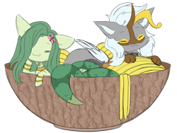 Size: 1217x913 | Tagged: safe, artist:belka-sempai, artist:polofastter, oc, oc only, oc:apollo, oc:lamey, draconequus, lamia, original species, snake, snake pony, :3, bowl, bracelet, curved horn, duo, duo male and female, eyes closed, female, flower, flower in hair, folded wings, food, horn, jewelry, male, noodles, ramen, simple background, sketch, transparent background, wings