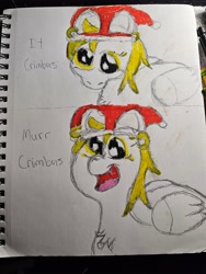 Size: 3000x4000 | Tagged: safe, artist:2tailedderpy, derpy hooves, g4, christmas, colored, female, hat, holiday, looking at you, looking down, photo, santa hat, sketch, solo, solo female, traditional art