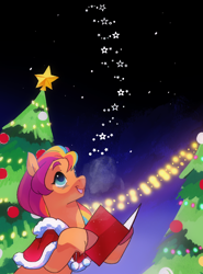 Size: 756x1024 | Tagged: safe, artist:aztrial, sunny starscout, earth pony, pony, g5, book, christmas, christmas 2024, christmas tree, holiday, mane stripe sunny, night, smiling, solo, stars, tree