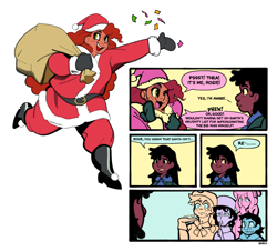 Size: 2296x2080 | Tagged: safe, artist:bixels, applejack, fluttershy, pinkie pie, rainbow dash, rarity, twilight sparkle, human, the grand galloping 20s, g4, alternate name, christmas, christmas 2024, clothes, comic, confetti, costume, dark skin, dialogue, female, gritted teeth, hand over mouth, hat, high res, holiday, humanized, mane six, santa costume, santa hat, santa sack, shhh, simple background, speech bubble, tan skin, teeth, white background