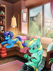 Size: 2500x3332 | Tagged: safe, artist:andaluce, oc, oc only, oc:typh, oc:typhoon, pegasus, pony, apartment, carpet, chest fluff, clothes, colored wings, commission, couch, cozy, cute, decoration, duo, ear fluff, frog (hoof), hock fluff, hockless socks, indoors, knitting, lamp, living room, male, picture frame, relaxing, sitting, socks, stallion, striped socks, two toned wings, underhoof, window, wings