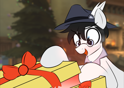 Size: 1522x1080 | Tagged: safe, artist:cortavi, oc, oc only, oc:fatal fix, earth pony, pony, :d, blurry background, christmas, christmas tree, clothes, fire, fireplace, glasses, glowing, happy, hat, hearth's warming, holiday, indoors, male, medic (tf2), open mouth, open smile, present, smiling, solo, stallion, surprised, team fortress 2, tree