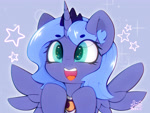 Size: 3000x2250 | Tagged: safe, artist:zokkili, princess luna, alicorn, pony, g4, beanbrows, crown, cute, ear fluff, eye clipping through hair, eyebrows, eyebrows visible through hair, female, high res, horn, jewelry, lunabetes, open mouth, open smile, peytral, regalia, smiling, solo, sparkles, sparkly eyes, spread wings, wingding eyes, wings