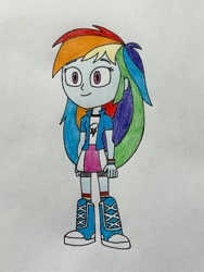 Size: 755x1005 | Tagged: safe, rainbow dash, human, equestria girls, g4, boots, clothes, high heel boots, jacket, shirt, shoes, simple background, skirt, socks, solo, vest, white background