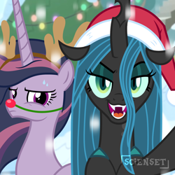 Size: 1280x1280 | Tagged: safe, artist:queenchangeling, artist:scienset, mean twilight sparkle, queen chrysalis, alicorn, changeling, pony, g4, princess mean twilight 2.0