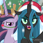 Size: 1280x1280 | Tagged: safe, artist:queenchangeling, artist:scienset, mean twilight sparkle, queen chrysalis, alicorn, changeling, changeling queen, pony, g4, christmas, christmas changeling, duo, duo female, ethereal mane, fake antlers, fangs, female, hat, holiday, lidded eyes, looking at you, mare, open mouth, open smile, princess mean twilight 2.0, red nose, santa hat, selfie, smiling, sweat, sweatdrops, unamused