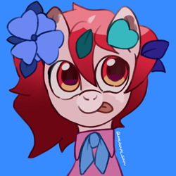 Size: 4096x4096 | Tagged: safe, artist:metaruscarlet, oc, oc only, oc:metaru scarlet, pegasus, pony, blue background, clothes, flower, flower in hair, leaves, leaves in hair, pegasus oc, ponysona, simple background, solo, spotted, tongue out