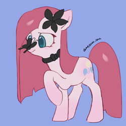 Size: 4096x4096 | Tagged: safe, artist:metaruscarlet, pinkie pie, butterfly, earth pony, pony, g4, blue background, flower, flower in hair, pinkamena diane pie, raised hoof, ribbon, simple background, solo