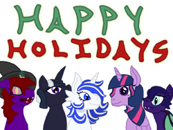 Size: 1600x1200 | Tagged: safe, artist:silverfishv9, twilight sparkle, oc, oc:azure star (silverfishv9), oc:cackle crane (solredrose), oc:dusks dim (solredrose), oc:night gaze (solredrose), alicorn, bat pony, demon, demon pony, earth pony, pony, unicorn, g4, bat pony oc, blue eyes, demon pony oc, earth pony oc, green eyes, group, happy holidays, hat, highlights, horn, magical lesbian spawn, mistletoe, mistletoe abuse, offspring, parent:princess celestia, parent:princess luna, parents:princest, pink eyes, product of incest, purple eyes, simple background, text, twilight sparkle (alicorn), unicorn oc, witch hat