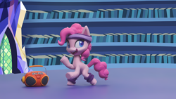 Size: 4096x2304 | Tagged: safe, screencap, pinkie pie, earth pony, pony, g4, g4.5, my little pony: stop motion short, pinkie pie wants to play, boombox, cute, indoors, library, smiling, solo, twilight's castle, twilight's castle library