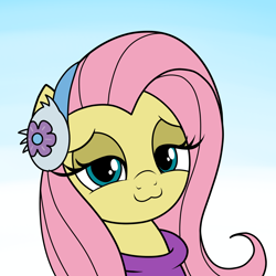 Size: 1500x1500 | Tagged: safe, artist:vomitvomiting, fluttershy, pony, g4, :3, clothes, cute, earmuffs, gradient background, lidded eyes, looking at you, smug, solo, winter outfit