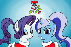 Size: 1500x986 | Tagged: safe, artist:vomitvomiting, minuette, rarity, pony, unicorn, g4, alternate hairstyle, christmas, clothes, duo, female, gradient background, holiday, horn, looking at you, mare, mistleholly, ponytail, smiling, smiling at you