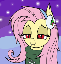 Size: 2248x2342 | Tagged: safe, artist:vomitvomiting, fluttershy, bat pony, pony, g4, bat ponified, christmas, clothes, flutterbat, holiday, looking at you, outdoors, race swap, solo, winter outfit