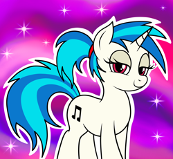 Size: 1632x1500 | Tagged: safe, artist:vomitvomiting, dj pon-3, vinyl scratch, pony, unicorn, g4, abstract background, alternate hairstyle, cute, female, horn, looking at you, mare, ponytail, red eyes, smiling, smiling at you, smug, smug smile, solo, standing, vinylbetes