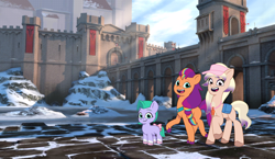 Size: 1866x1079 | Tagged: safe, artist:caseyben887, artist:prixy05, seashell (g5), sunny starscout, pony, g5, my little pony: tell your tale, bailey (wild manes), bow, bridge, castle, coat markings, crossover, door, female, filly, flag, foal, grin, ice, looking at you, mane stripe sunny, mare, open mouth, pale belly, pippsqueaks, river, satchel, shadow fight 3, sky, smiling, smiling at you, snow, socks (coat markings), stone, sunny ray (light), sunny's bag, tail, tail bow, visor cap, water, whistle, whistle necklace, wild manes