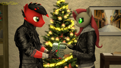 Size: 3840x2160 | Tagged: safe, artist:fireemerald123, oc, oc only, oc:holly berry, oc:page feather, anthro, 3d, christmas, clothes, duo, glowing, glowing eyes, holiday, indoors, jacket, leather, leather jacket, source filmmaker, trenchcoat, voidpunk, watermark