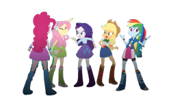 Size: 666x375 | Tagged: safe, applejack, fluttershy, pinkie pie, rainbow dash, rarity, human, equestria girls, g4, belt, boots, clothes, cowboy boots, cowboy hat, hat, high heel boots, humane five, jacket, shirt, shoes, simple background, skirt, socks, solo, vest, white background