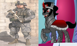 Size: 1016x610 | Tagged: safe, artist:storyteller, king sombra, human, unicorn, g4, my little pony: friendship is magic, season 9, canterlot castle, clothes, gun, horn, military, military uniform, ranger, rifle, uniform, war, weapon