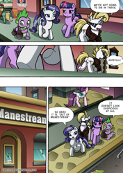 Size: 1204x1700 | Tagged: safe, artist:tarkron, rarity, spike, twilight sparkle, oc, oc:cosmo cool, alicorn, dragon, pony, unicorn, comic:the royal sandal, g4, comic, horn, speech bubble, sunglasses, twilight sparkle (alicorn)