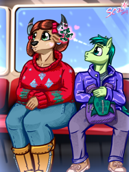 Size: 1500x2000 | Tagged: safe, artist:scarletdex8299, sandbar, yona, earth pony, yak, anthro, g4, arrow, backpack, boots, bow, cel shading, cheek kiss, christmas sweater, clothes, cutie mark on clothes, duo, duo male and female, female, festive, flirting, floating heart, hair bow, heart, hearth's warming eve, hinting, horns, implied kissing, kissing, larger female, looking away, male, male and female, mistletoe, nail polish, pants, shading, ship:yonabar, shipping, shoes, sitting, size difference, smaller male, snilldarfest, snow, snowfall, straight, student six, subway, sweater, train car, wide hips, winter, winter outfit